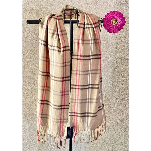 New Steve Madden Made in Italy Camel Beige & Red Super Soft Plaid Scarf - Picture 3 of 6